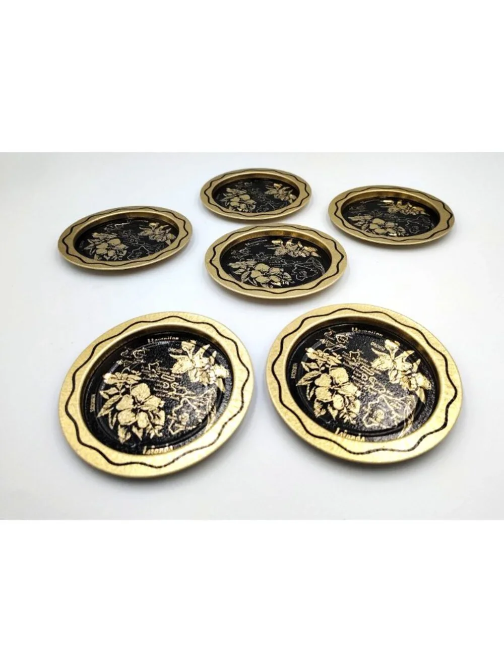 Hawaii Souvenir Metal Coaster Set 6 Vintage Gold Black Orchid Island Map 3.5
